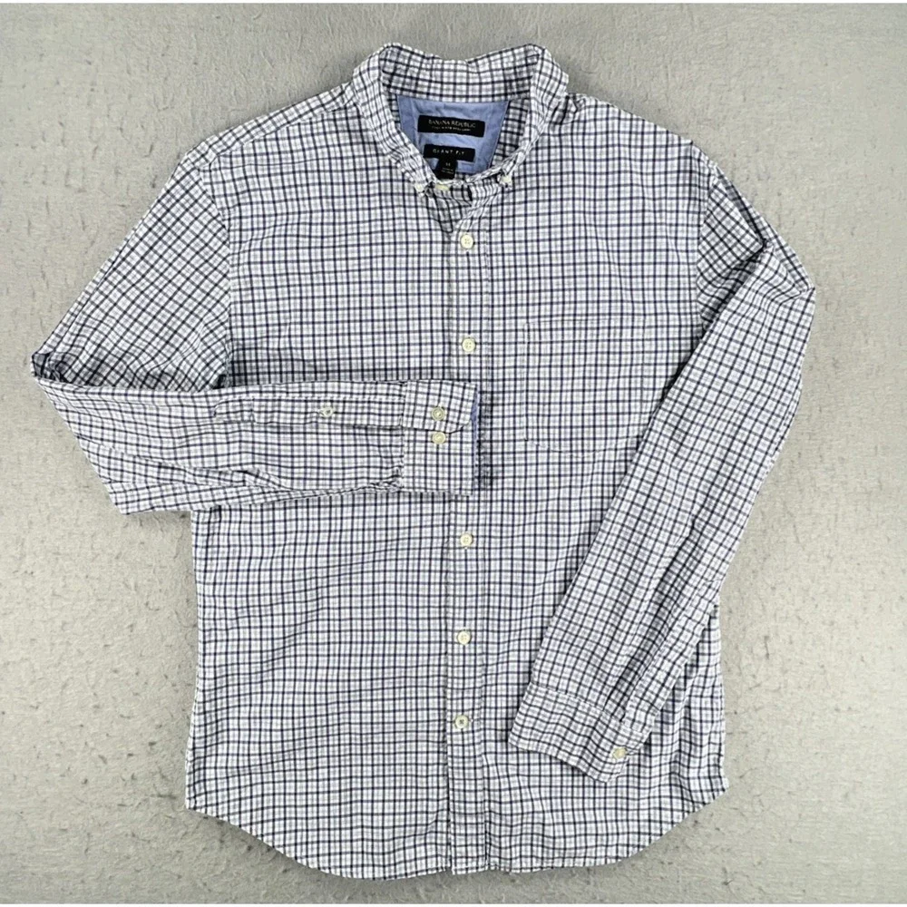 Banana Republic Navy Blue & Green Check Grant Fit Button Down Shirt Mens Medium